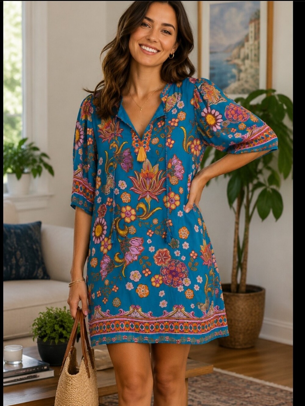Johnny Was Lividia V Neck Line Floral Midi Dress with Pink & Orange Accents NwT.